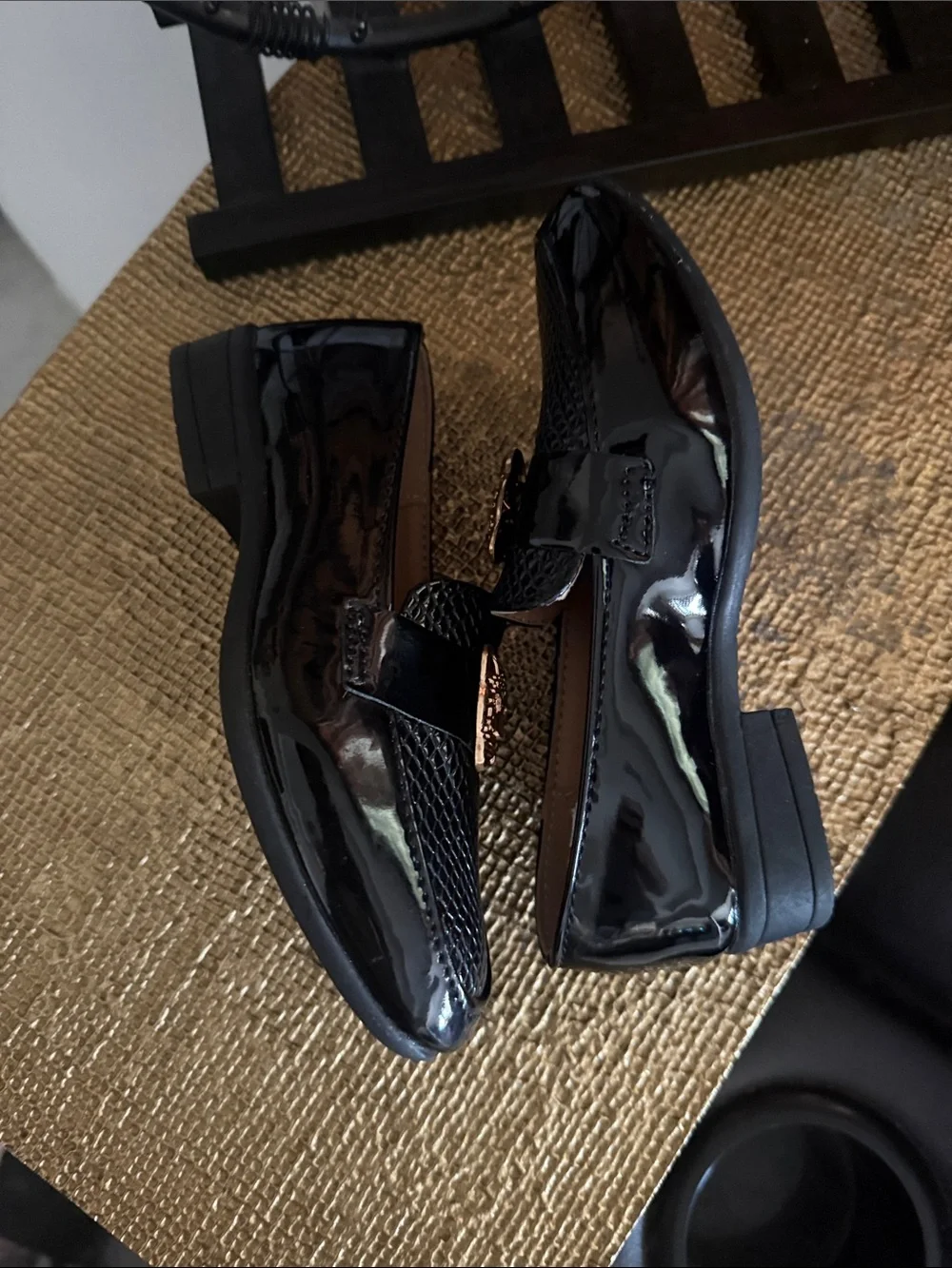 Girls Black Moccasin Loafers with Gold Cat Accent